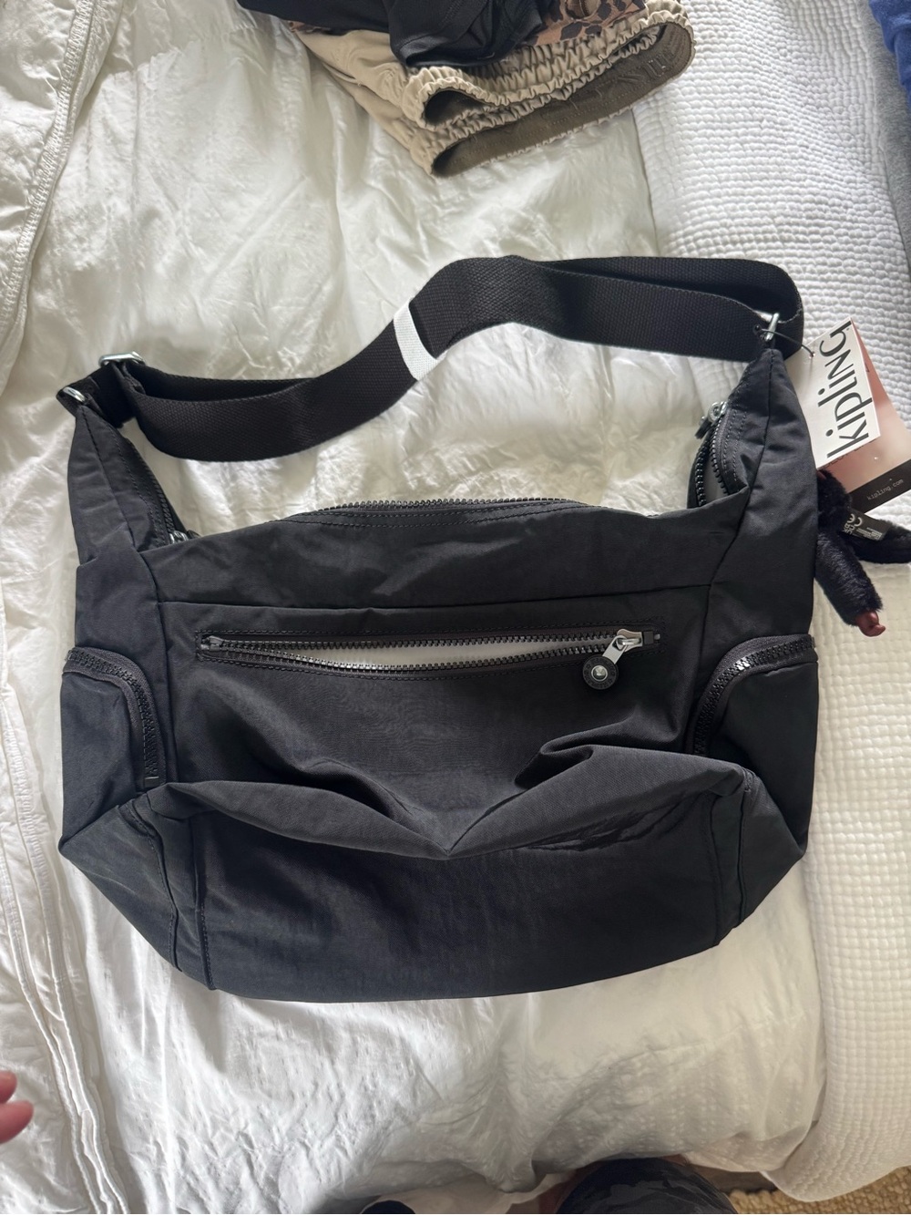 Kipling Black Nylon Messenger Crossbody Bag with Monkey Charm - Picture 3 of 3